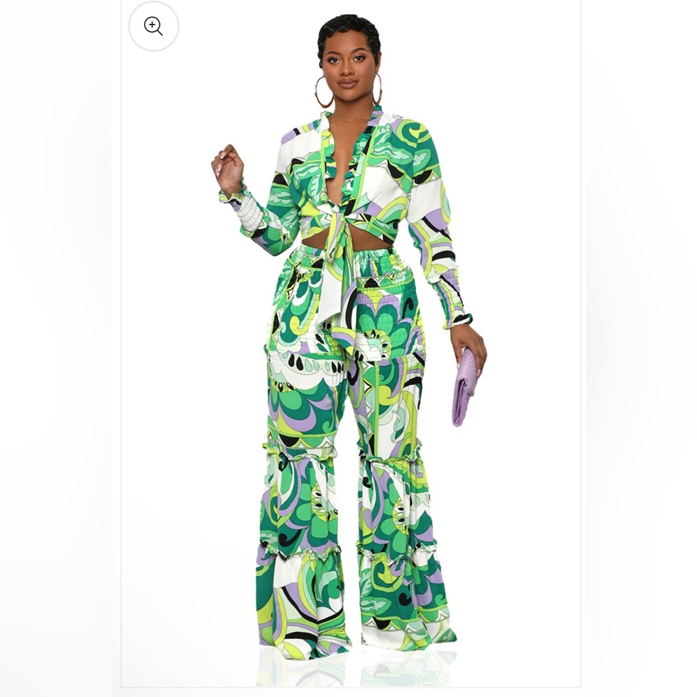 Lilys Kloset Vibrant Ruffles Wide Leg Pants Set (Green Multi)